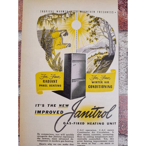 1950 Janitrol Gas Fired Heating Unit Tropical Warmth Mountain Fresh Vtg Print Ad - Picture 1 of 6